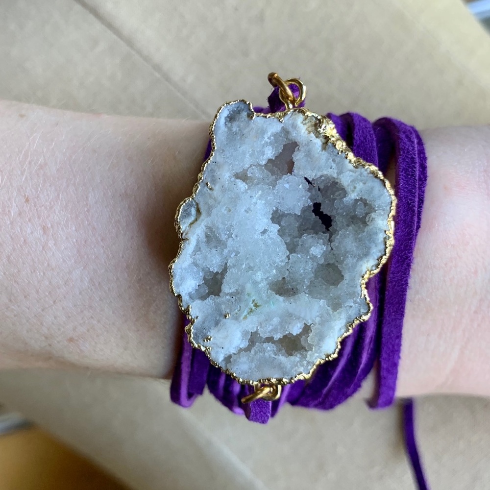 Multi-Way Bracelet + Necklace Purple Suede + White Druzy Stone - Picture 1 of 9